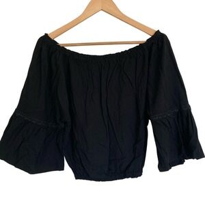 PIYoga Brand Women's Black Off-Shoulder Top Crop Top Size L 3/4‎ Bell Sleeve